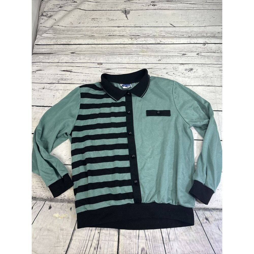Cape Cod Sportswear Sweatshirt Medium Green Black Striped Vintage Shoulder Pads